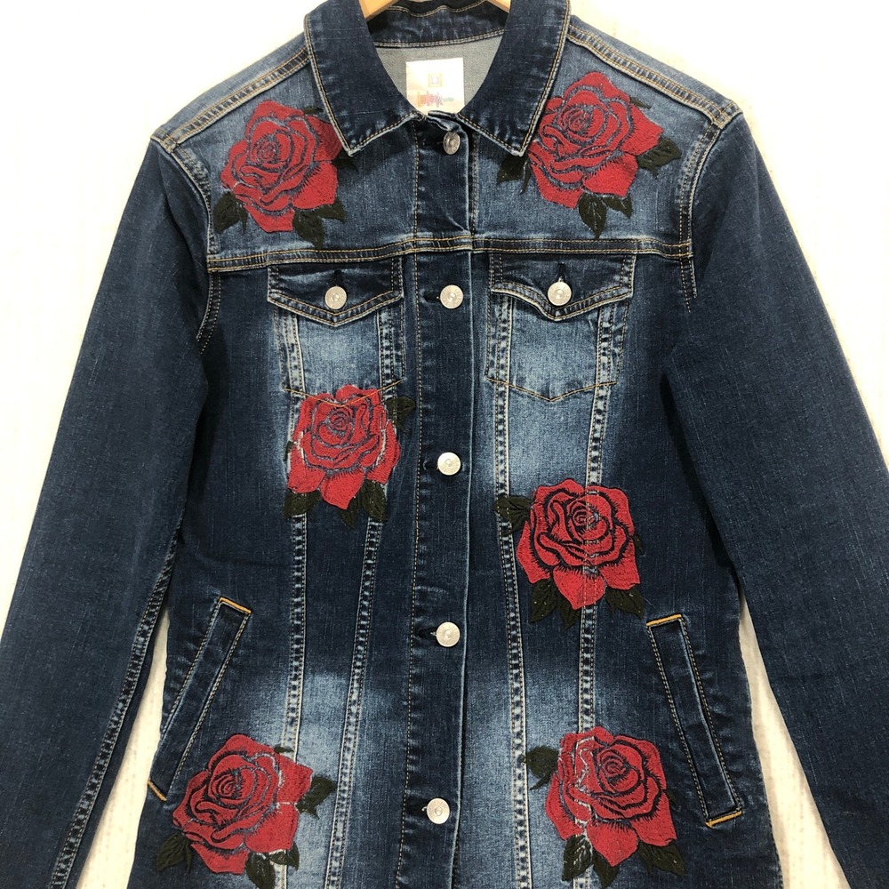 LuLaRoe Denim Jacket‎ Rose Embroidered Jean Jacket Button Up Women's Size Small